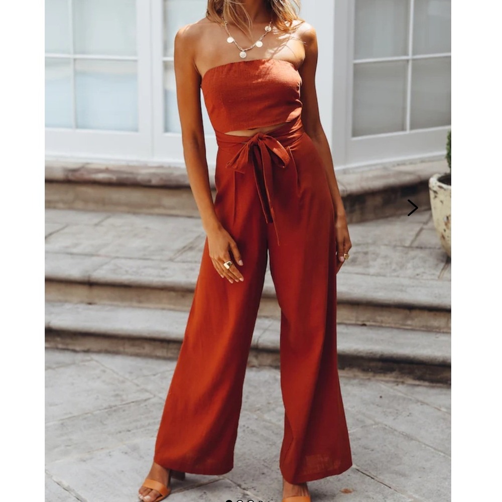 Hello Molly Jumpsuit Womens US 2 Rust Strapless Cutout Tie Front Wide Leg‎